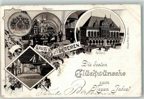 Bremen Rathaus Gasthaus Ratskeller Bachus Fass Neu Jahr Ottmar Zieher Lithographie