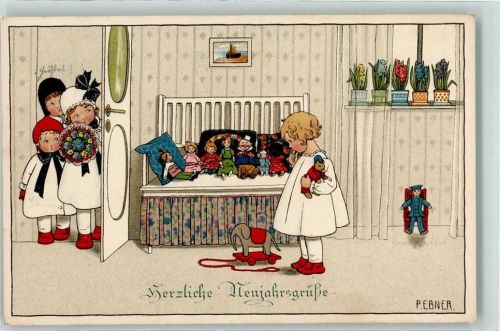 1929 August Rökl Nr. 1306 Herzliche Neujahrsgrüße Drei Kinder wollen verlegenem Mädchen vor den versammelten Puppen zum neuen Jahr gratulieren