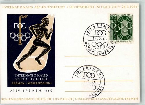 Bremen Internationales Abend Sportfest Leichtathletik im Flutlicht ATSV Olympia Ringe 24.09.1956 Kinderspielplatz Halle beheizt