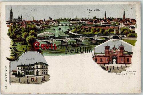 89231 W7910 Neu-Ulm Gebrauchsspuren Lithographie Friedenskasene-Portal Bahnhof Donaubrücke