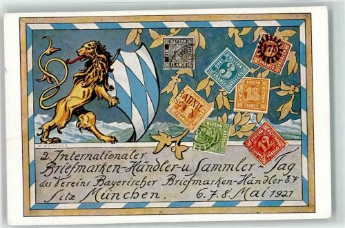 München 1921 2. Int. Briefmarken-Händler u. Sammler Tag - Briefmarken Collage + SST