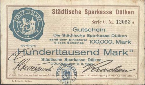 Dülken Gutschein der Sparkasse Dülken von 1923 über Hunderttausend Mark