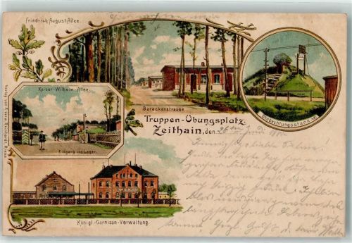 Zeithain 1900 Truppen Übungsplatz Friedrich August Allee Barackenstraße Beobachtungsstand Kgl. Garnision Verwaltung Eingang ins Lager Lithographie