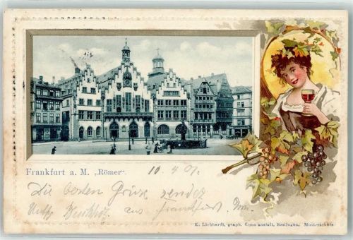 Frankfurt 1901 Römer Brunnen Frau Tracht Wein Reben