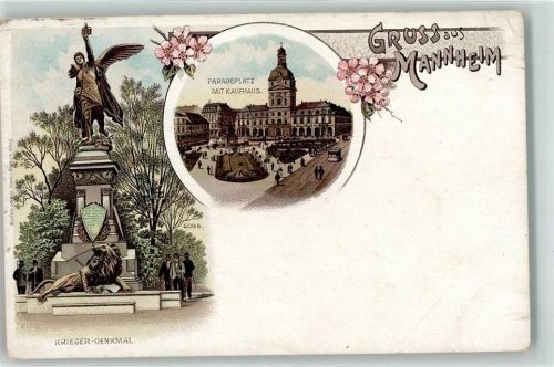 Mannheim Kriegerdenkmal Paradeplatz Kaufhaus Straßenbahn Löwe Blumen Gruss