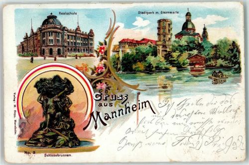 Mannheim 1900 Realschule Stadtpark Sternwarte Schlossbrunnen Blumen Gruss