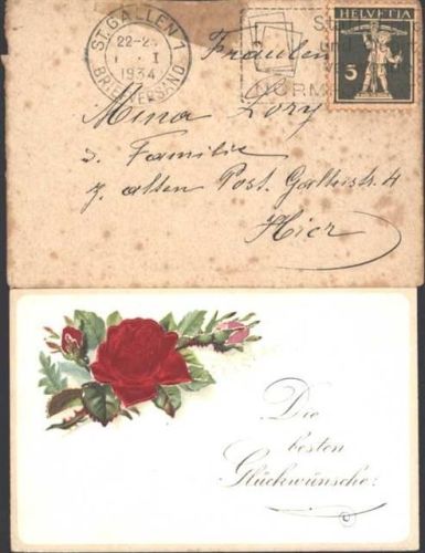 St. Gallen Rosenapplikation aus Stoff montiert auf Kleinbrief von1934