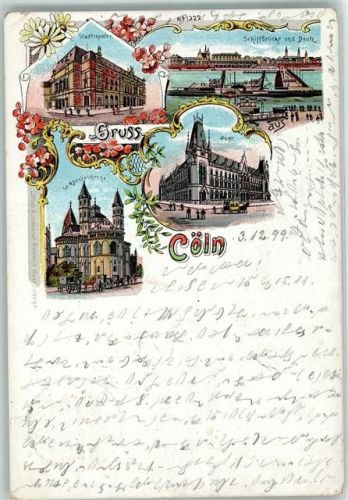 50667 W5000 Köln Deutz 105 1898 Lithographie Stadttheater Schiffbrücke und Deutz St. Apostelkirche Post Dampfer