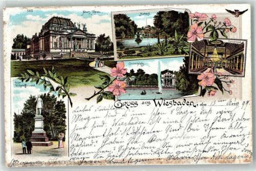 Wiesbaden 1899 Neues Theater Kurhaus Konzertsaal Konzertplatz Kaiser Wilhelm Denkmal Kronleuchter Springbrunnen Ruderboot Blumen Gruss