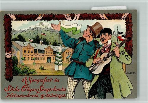 Kötzschenbroda 14. Sängerfest des Sächs. Elbgau Sängerbundes Juli 1908 sign N. Brösel Lithographie/Künstlerkarte