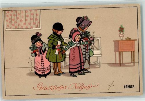 Verlag M. Munk Nr. 607 Glückliches Neujahr! Vier Kinder warten darauf ihre Geschenke zu überreichen