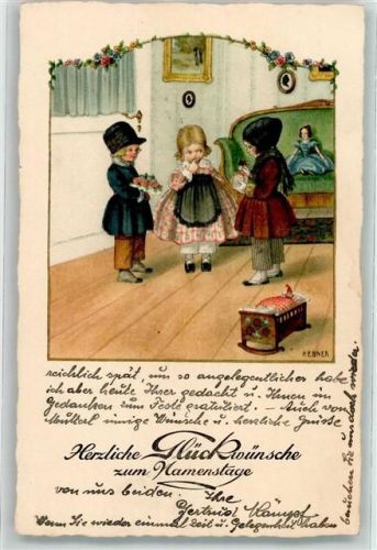 1934 Verlag M. Munk Nr. 1202 Herzlichen Glückwunsch zum Namenstage Zwei Kinder überreichen verlegenem Mädchen Geschenke und Blumen