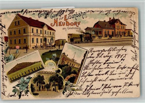Neudorf Nowice 1915 BOAKC Gasthazs zur Eisenbahn Bahnhof Groditzburg Lithographie Feldpost WK I