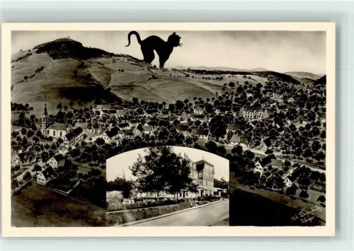 Waldkatzenbach sign. Dreyschütz Stilisierte schwarze Katze über dem Ort Gasthaus zum Katzenbuckel