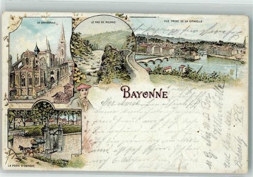 Bayonne 1897 La Cathedrale Le Pas de Roland La Porte D'Espagne Postkutsche Lithographie