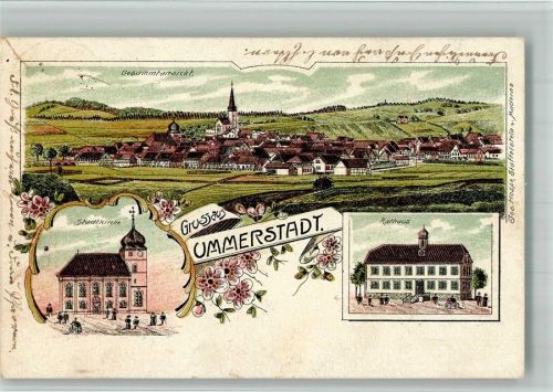 Ummerstadt 1912 Lithographie Stadtkirche Rathaus