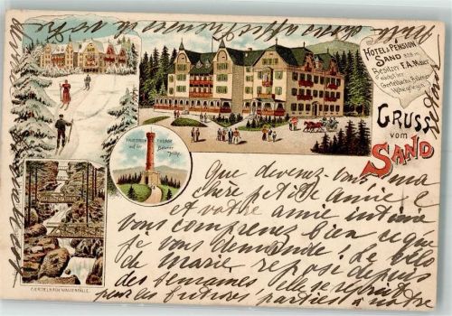 Bühlertal 1897 Lithographie Gretelbach Wasserfälle FriedrichTurm Hotel Pension Sand