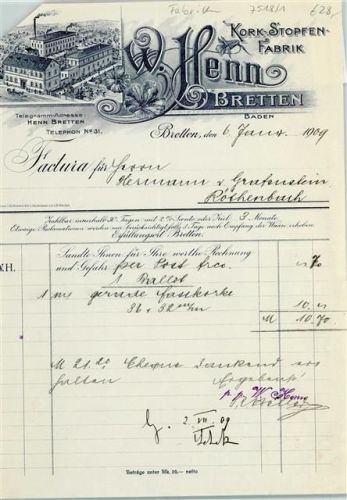 Bretten Rechnung von 1909 W. Henn Kork-Stopfen-Fabrik