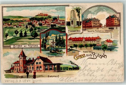 Bitche Festung Bayern Denkmal Preussen Stein Kaserne Freiherr von Falkenstein Bahnhof Eisenbahn Lok Gruss Kirche Kreuz Lithographie