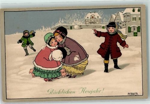 1911 Verlag M. Munk Nr. 608 Glückliches Neujahr! Zwei Jungs bewerfen zwei Mädchen mit Schneebällen Schwein Muff