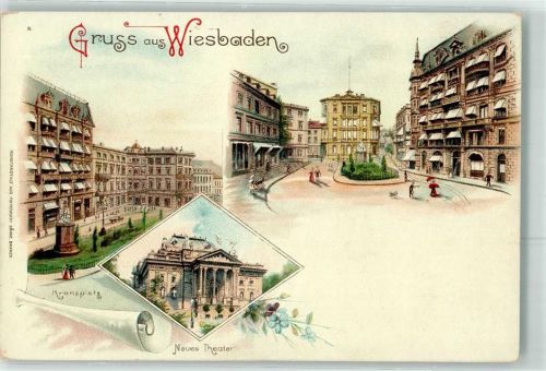 Wiesbaden Kranzplatz Neues Theater Hund Kinderwagen Gruss Blumen