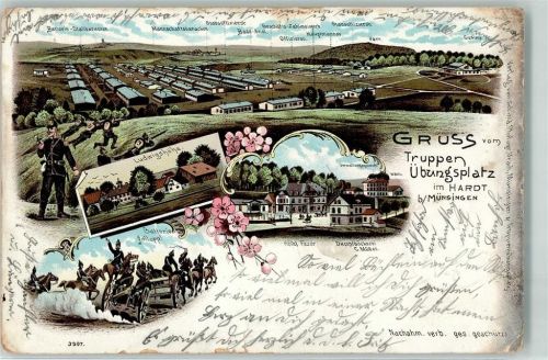 Münsingen 1900 Lithographie Truppenübungsplatz Ludwigshöhe Hotel Fozer Dampfbäckerei Müller Batterie Gallopp Uniform