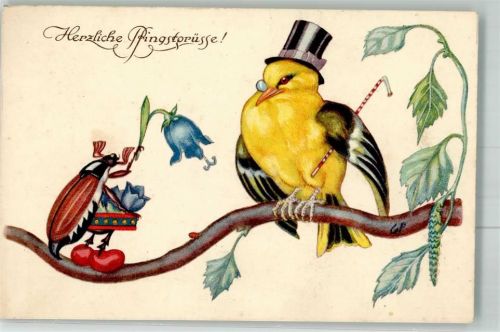 Vogel vermenschlicht Pfingsten sign. G.P. Verlag M. Munk Nr. 1414