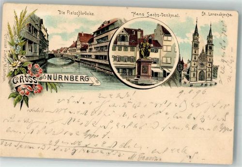 Nürnberg 1906 Fleischbrücke Hans Sachs Denkmal St. Lorenzkirche Ottmar Zieher Sonderstempel Landesausstellung