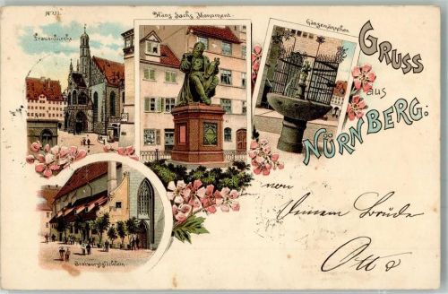 Nürnberg 1897 Frauenkirche Hans Sachs Denkmal Gänsemännchen Brunnen Gasthaus Bratwurstglöcklein