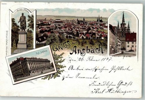 Ansbach 1897 Lithographie Ottmar Zieher Kgl. Schloss Graf v. Platen Oberer Markt