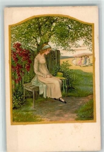 August Rökl Nr. 1406 Eine einsame junge Frau auf der Gartenbank