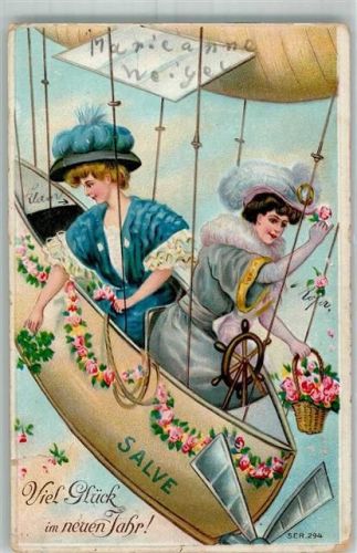 Prägedruck Neujahr Frauen mit Rosengirlanden Fantasie Zeppelin