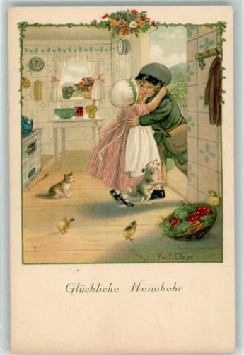 Heimkehr Kind Küsse Katze August Rökl Nr. 1426 AK