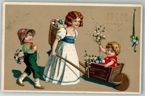 1910 Netz mit bunten Eiern, Schubkarre und Kiepe Kinder