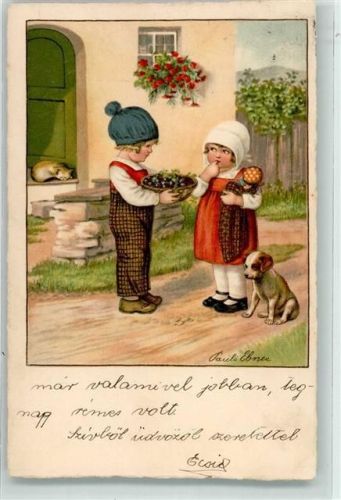 1929 August Rökl Nr. 1448 Junge bietet verlegen drein schauendem Mädel mit Hund von seinen gesammelten Pflaumen an