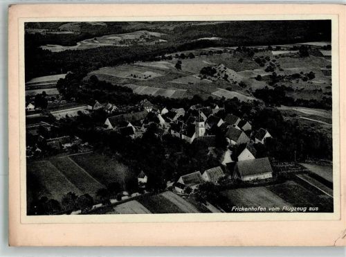 Frickenhofen 1933 Fliegeraufnahme des Ortes mit Ev. Kirche Original aufmontierte Verlagsmusterkarte