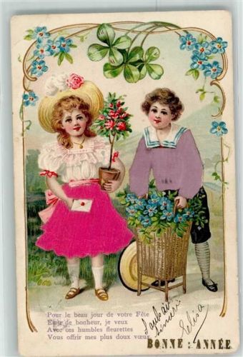 1905 mit echter Stoff Applikation Vergissmeinnicht Brief Blumen Bonne Annee AK