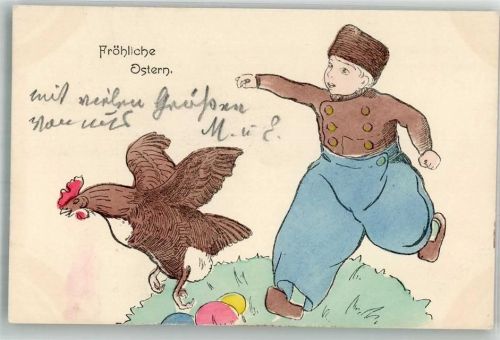 1900 Huhn legt Eier, Kind will das Huhn fangen Adelskorrespondenz