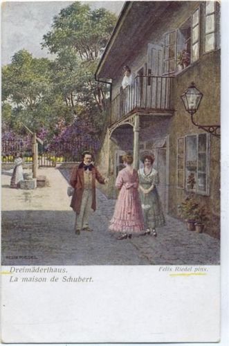 Dreimäderlhaus von Schubert. Nr. 1943,Wiener Kunst,sign. Felix Riedel Schubert, F. 1917