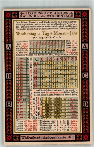 1914 Prof. Ploners Kalender der Wochentage AK Wissenschaftliche Kunstkarte Nr. 1