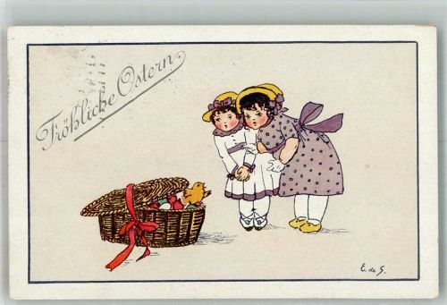 1918 Korb Küken Kinder sign. E.de S.