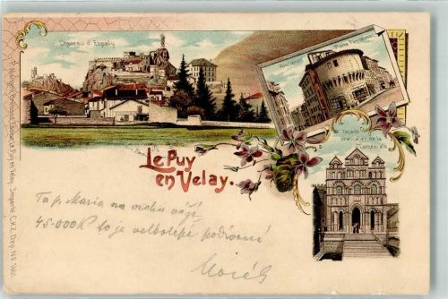 Le Puy-en-Velay 1900 Chateau d'Espaly Ancienne Porte Pannessac Facade et escalier de la Cathedrale Lithographie