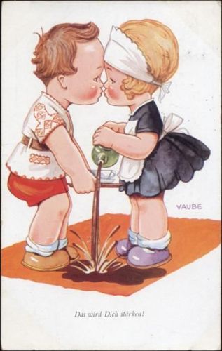 1936 Junge, Mädchen, küssen, Kaffee verschütten, Text:- das wird dich stärken- Künstler Ak,Kurt Sulzer,sign. Vaube