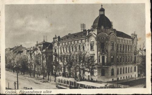 um 1920/30 Ungarn, Osijek, -Alexandrova ulica-, herrschaftliches Haus, Häuserzeile, Straßenbahn,Milan Dirnbach