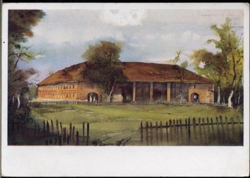 um 1930/40 Enns, Großer Vierkanthof (great square yard), Künstler AK, Österreich,sign. E.A. v. Mandelsloh