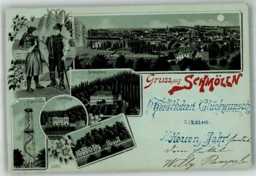 Schmölln 1898 Lithographie Bauernpaar Ernst Agnes-Turm Losenburg Bellevue Schießhaus Mondschein beschnitten