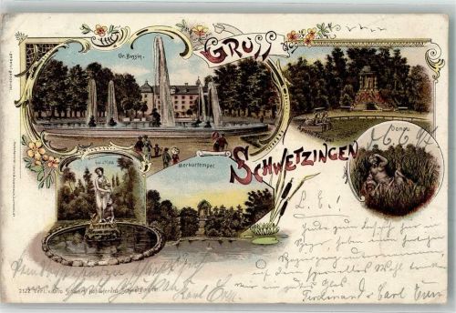 Schwetzingen 1897 Lithographie Gr. Basin Merkurtempel Apollo-Tempel Donau
