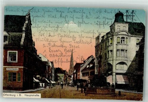 Offenburg 1916 Hauptstraße mit Ev. Stadtkirche und Einhorn-Apotheke Feldpost WK I Inf.-Regt. 172