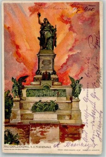 Rüdesheim 1900 Lithographie Nationaldenkmal Bahnpost Köln-Frankfurt Zug 32