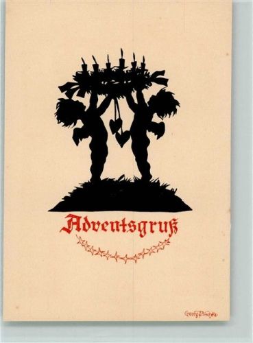 1932 Scherenschnitt Adventsgruß Zwei kleine Engel mit Adventskranz